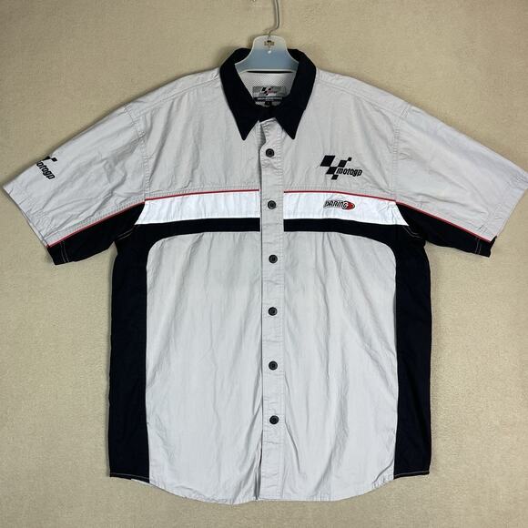 MotoGP Shirt Mens L Beige Vintage Racing 2002 Short Sleeve Vented Button Up - Picture 1 of 13